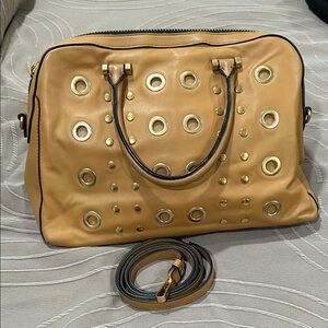 Chic Tan Satchel with Gold Eyelets